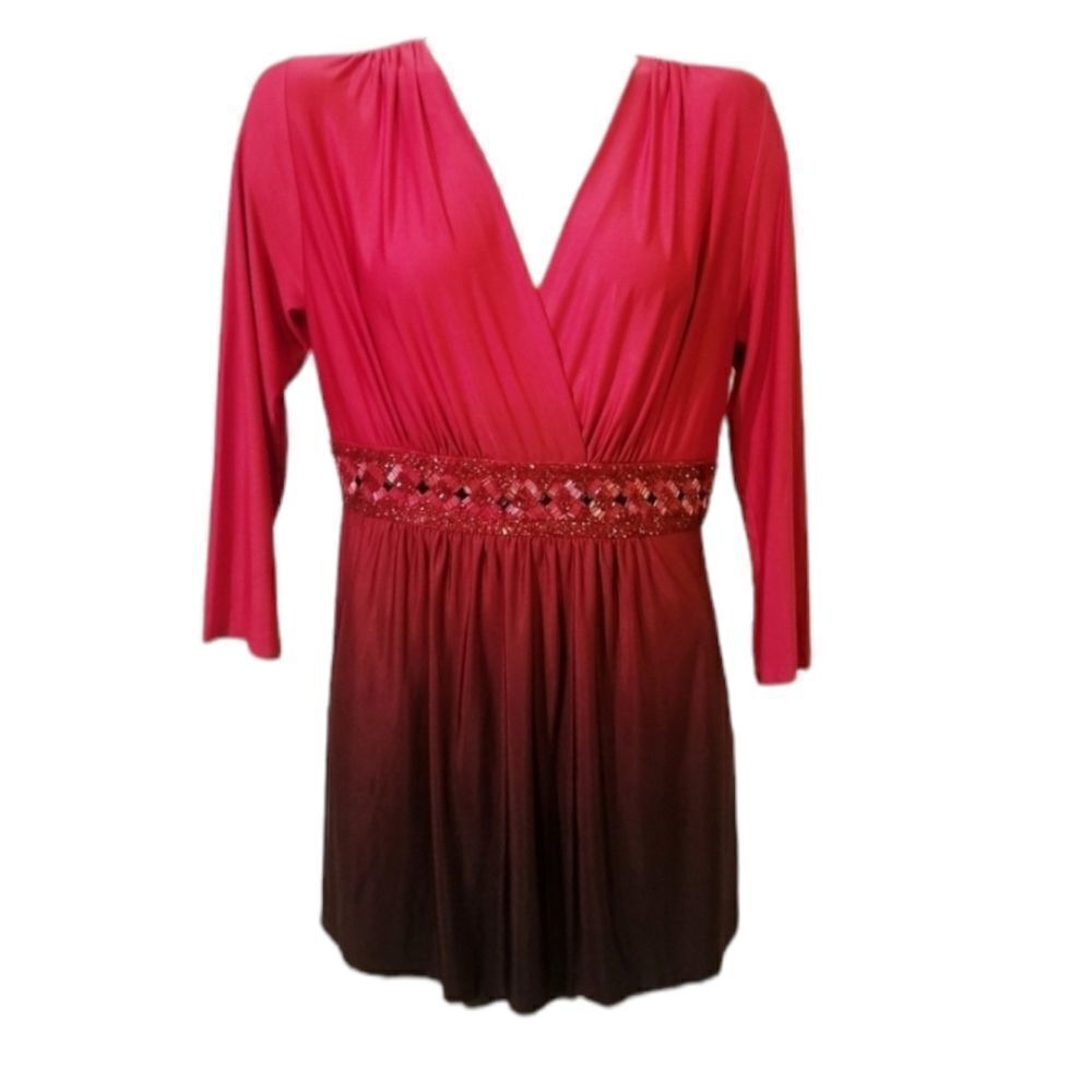 Fashion Bug Red Ombre Beaded Waist Blouse Sz M‎